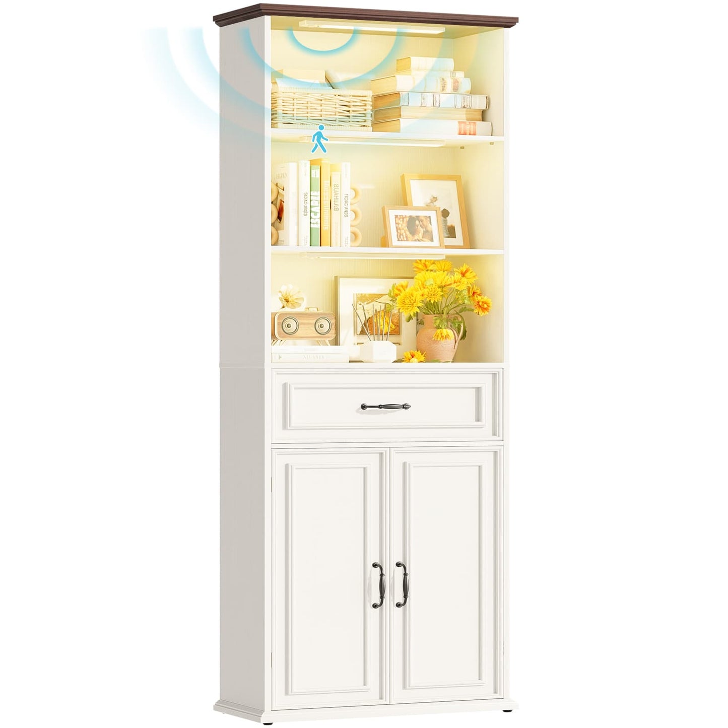 80'' Extra Tall Bookcase with 3 Motion-Sensor Lights, Drawer, and Adjustable Shelves