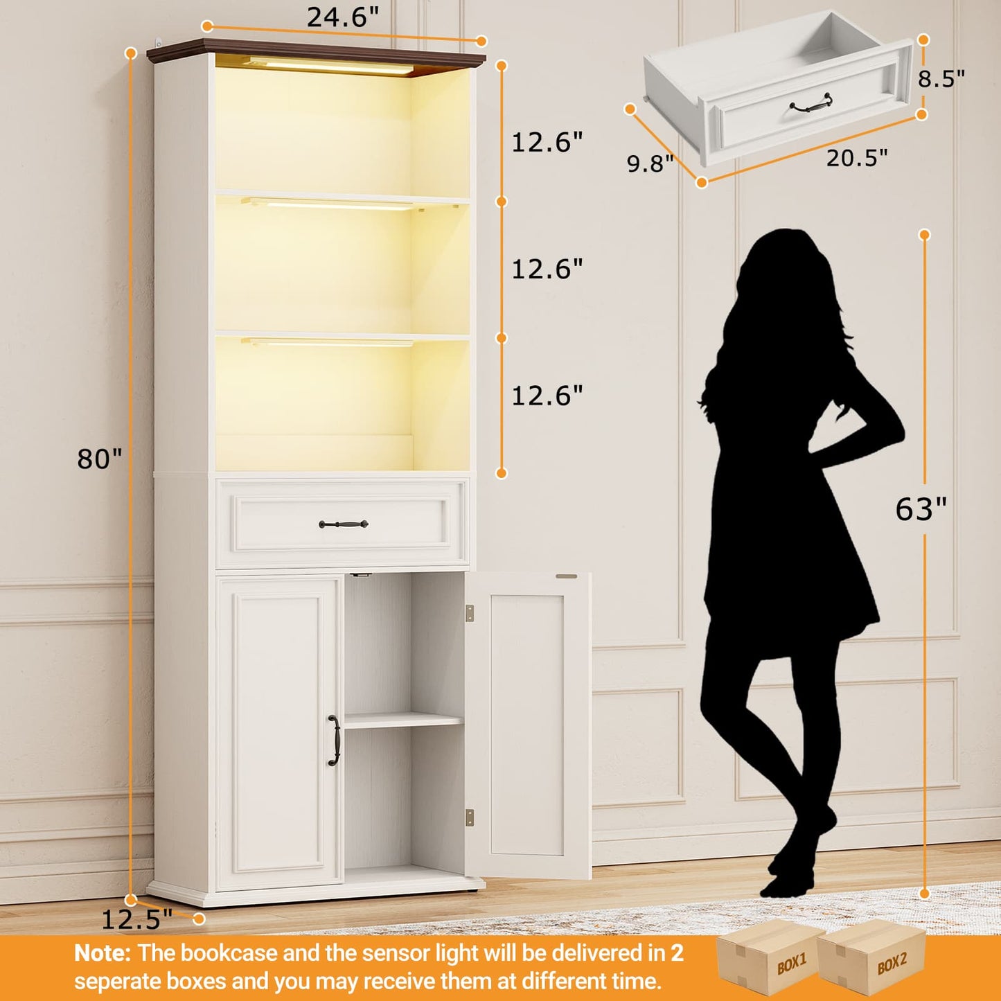 80'' Extra Tall Bookcase with 3 Motion-Sensor Lights, Drawer, and Adjustable Shelves