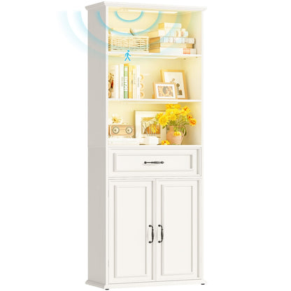 80'' Extra Tall Bookcase with 3 Motion-Sensor Lights, Drawer, and Adjustable Shelves