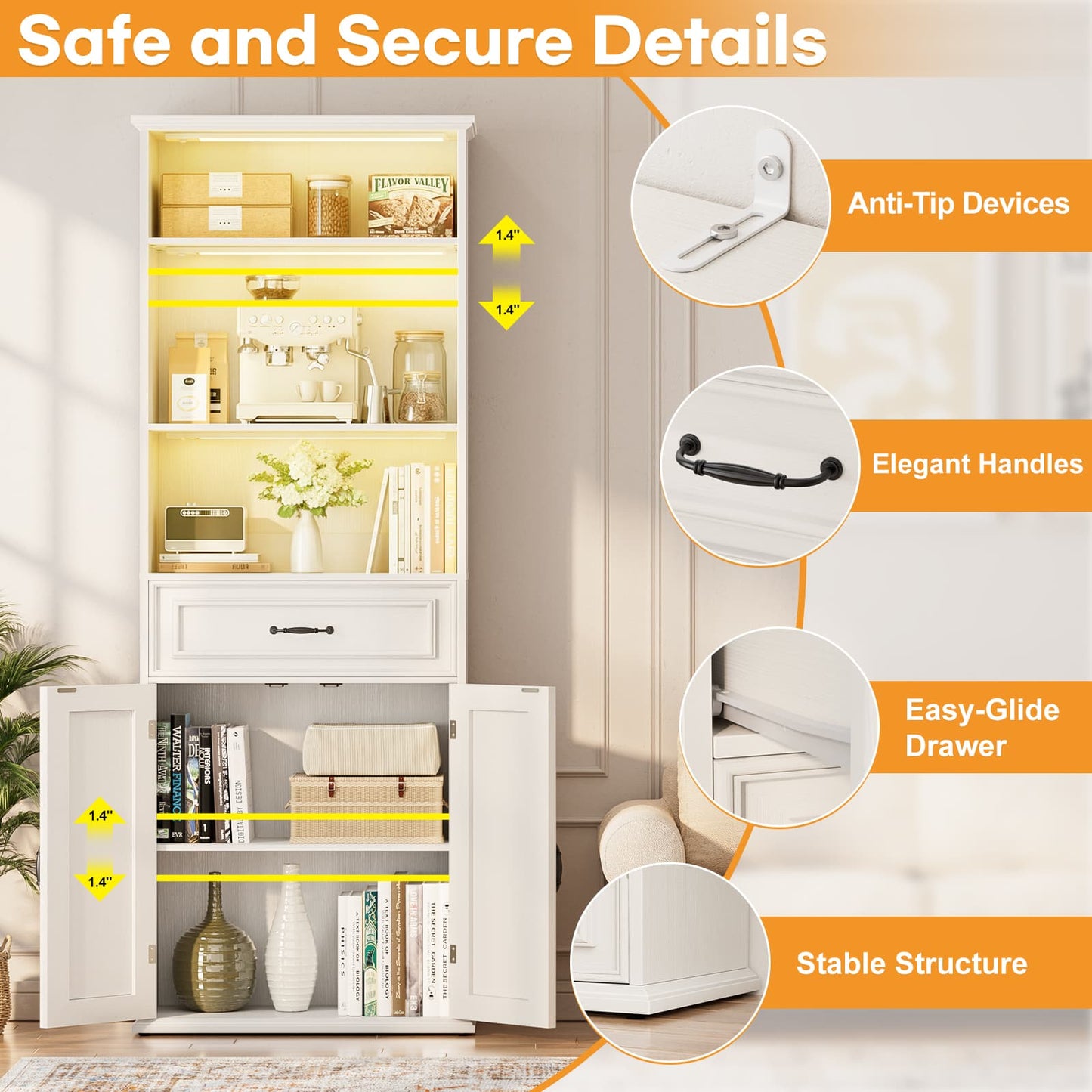 80'' Extra Tall Bookcase with 3 Motion-Sensor Lights, Drawer, and Adjustable Shelves