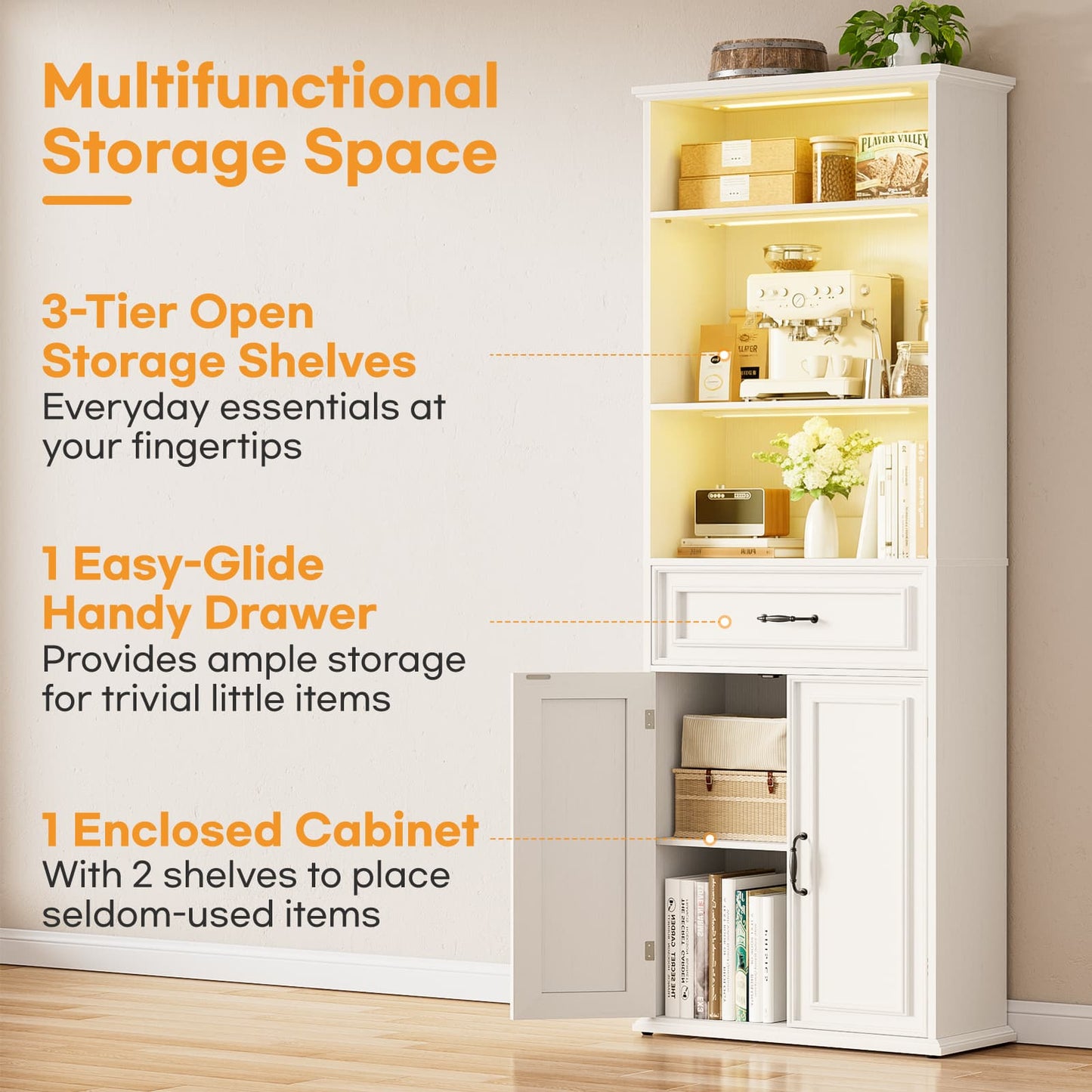 80'' Extra Tall Bookcase with 3 Motion-Sensor Lights, Drawer, and Adjustable Shelves