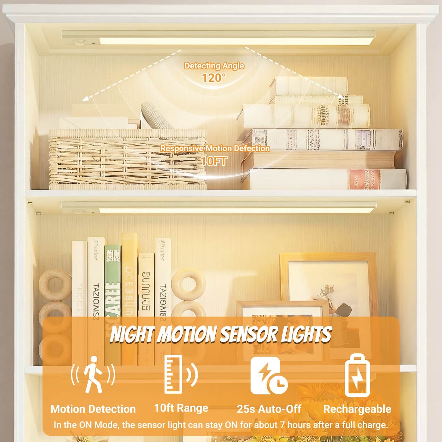 80'' Extra Tall Bookcase with 3 Motion-Sensor Lights, Drawer, and Adjustable Shelves
