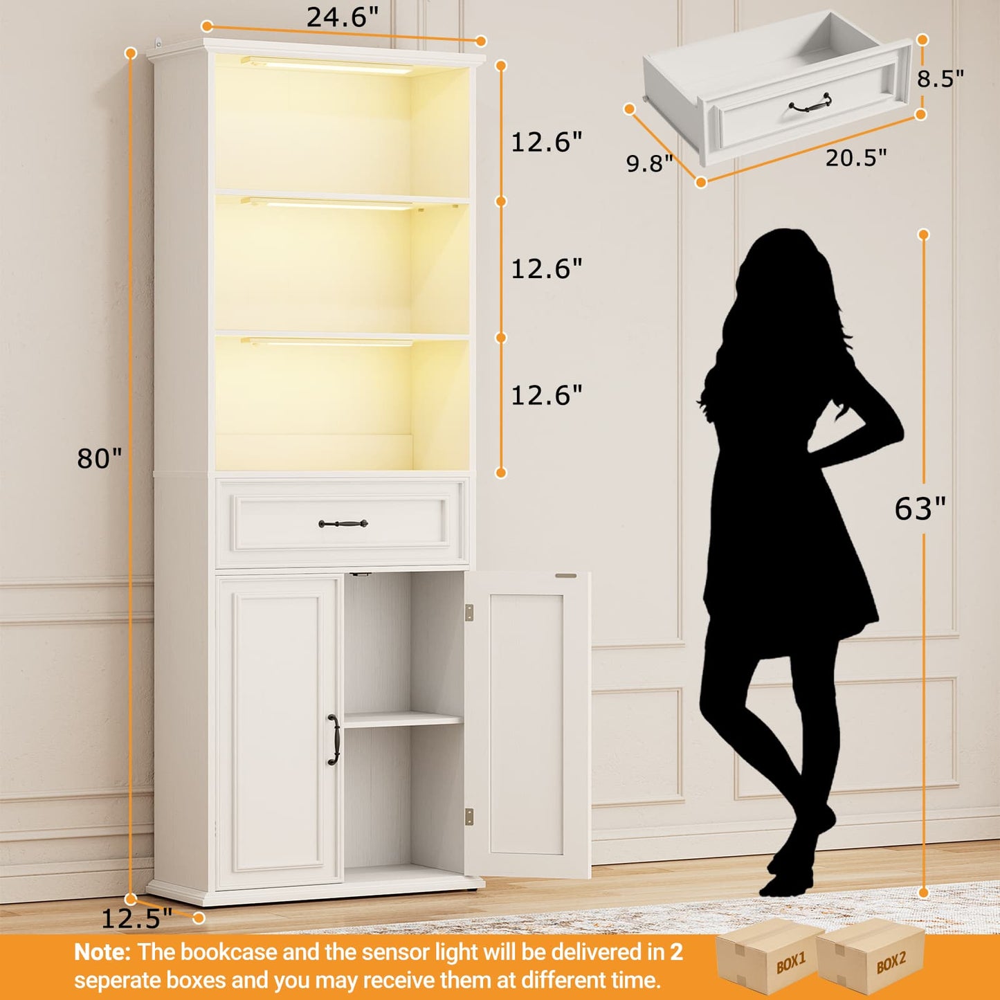 80'' Extra Tall Bookcase with 3 Motion-Sensor Lights, Drawer, and Adjustable Shelves