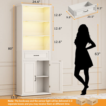 80'' Extra Tall Bookcase with 3 Motion-Sensor Lights, Drawer, and Adjustable Shelves