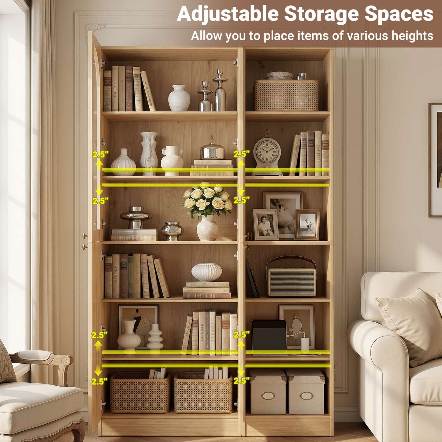 80'' Tall Farmhouse Pantry Cabinet with Arched Doors and Adjustable Shelves, Set of 2