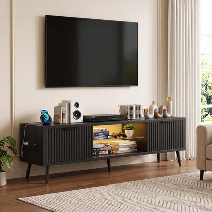 Fluted 55'' TV Stand for TVs Up to 60'', with Charging Station, LED Lights & Cabinets