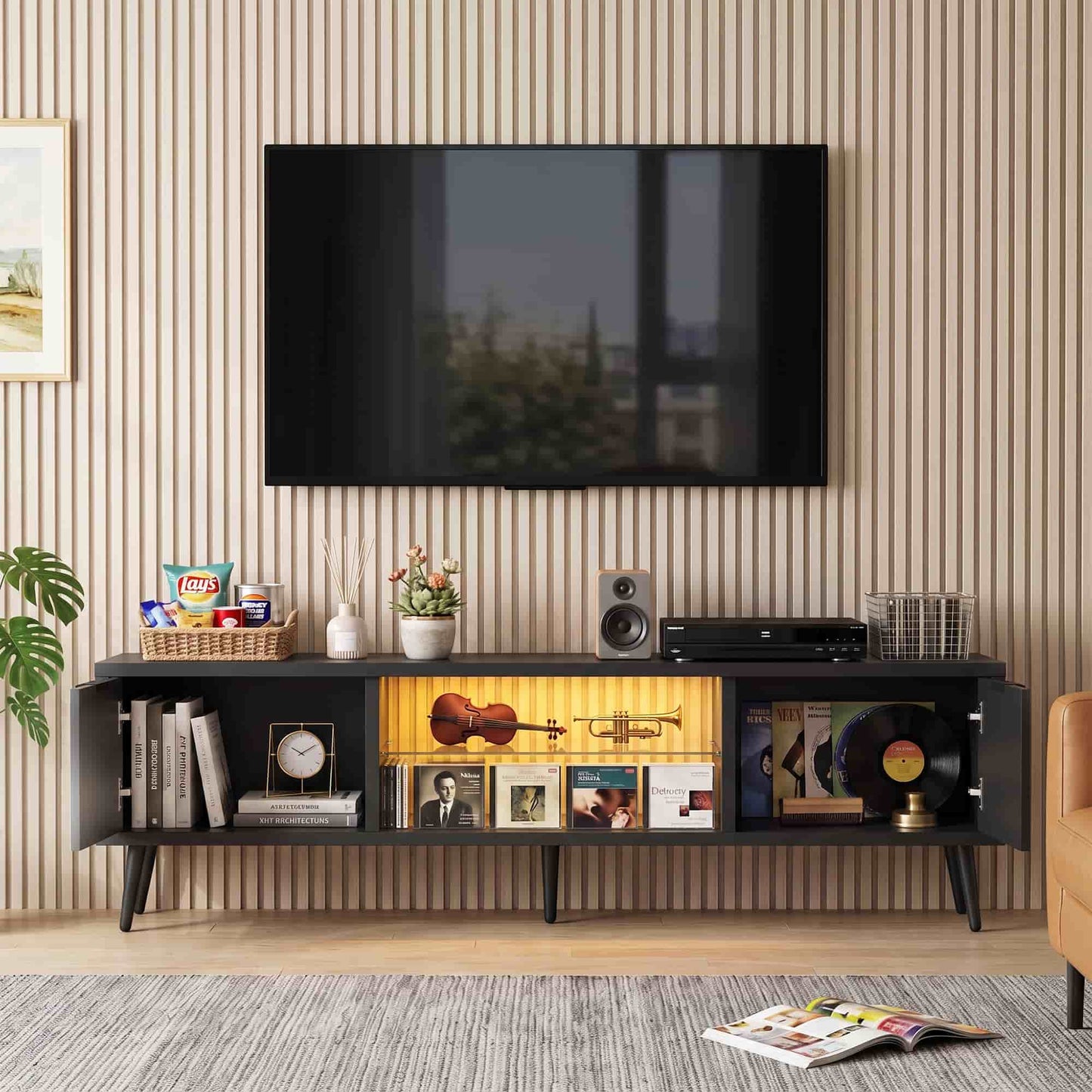 Fluted 55'' TV Stand for TVs Up to 60'', with Charging Station, LED Lights & Cabinets