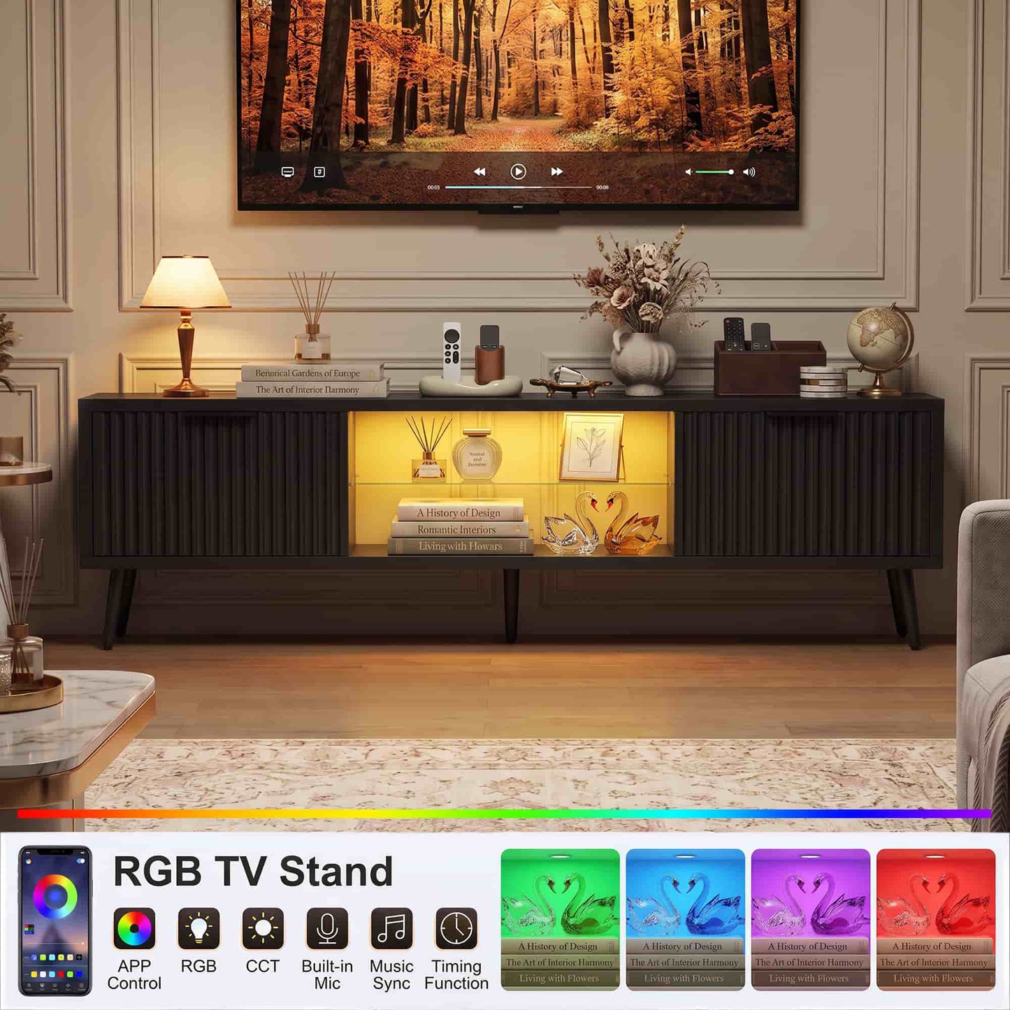 Fluted 55'' TV Stand for TVs Up to 60'', with Charging Station, LED Lights & Cabinets