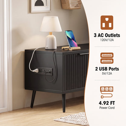 Fluted 55'' TV Stand for TVs Up to 60'', with Charging Station, LED Lights & Cabinets