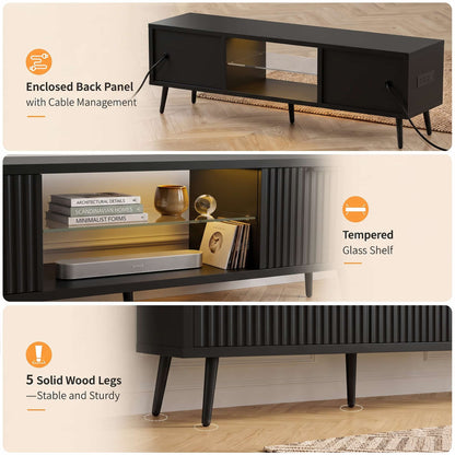 Fluted 55'' TV Stand for TVs Up to 60'', with Charging Station, LED Lights & Cabinets