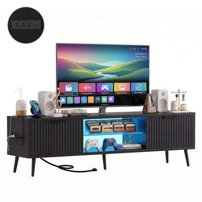 Fluted 55'' TV Stand for TVs Up to 60'', with Charging Station, LED Lights & Cabinets