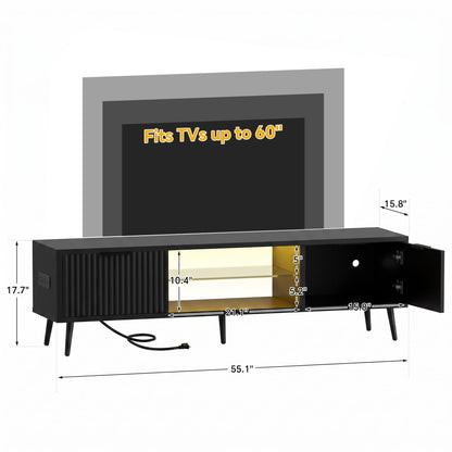 Fluted 55'' TV Stand for TVs Up to 60'', with Charging Station, LED Lights & Cabinets