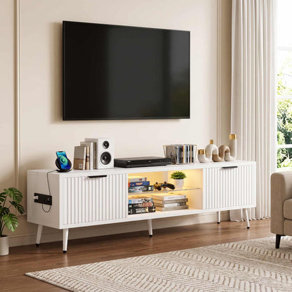 Fluted 55'' TV Stand for TVs Up to 60'', with Charging Station, LED Lights & Cabinets