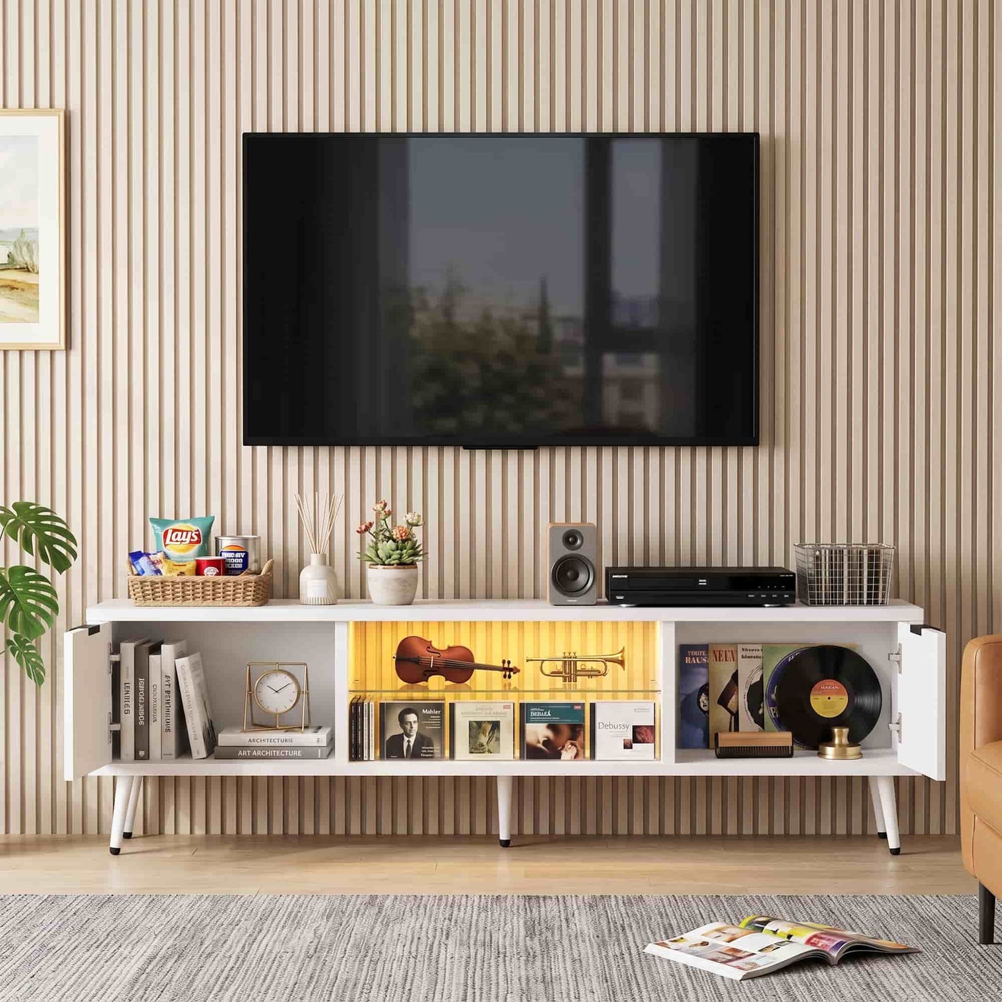 Fluted 55'' TV Stand for TVs Up to 60'', with Charging Station, LED Lights & Cabinets
