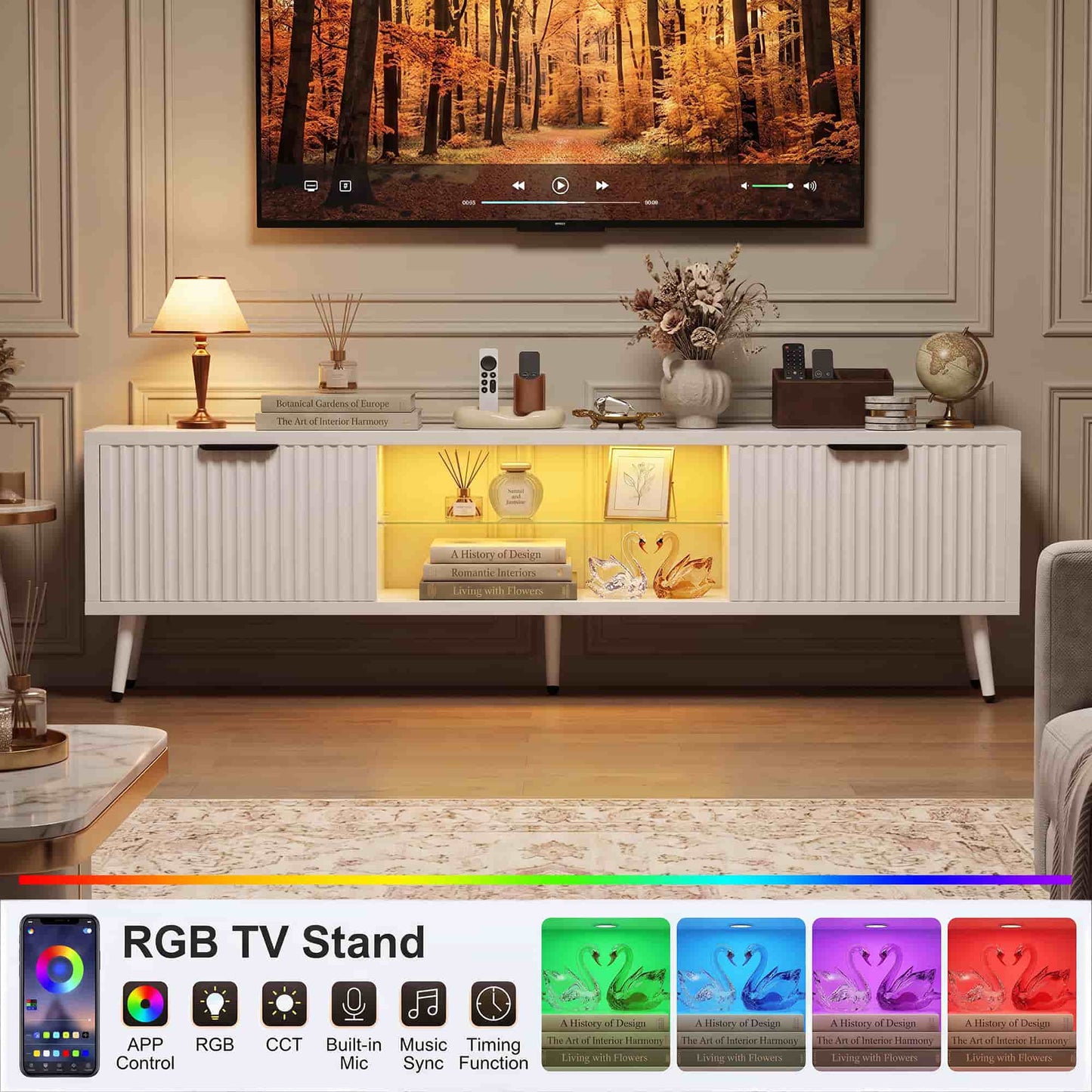 Fluted 55'' TV Stand for TVs Up to 60'', with Charging Station, LED Lights & Cabinets