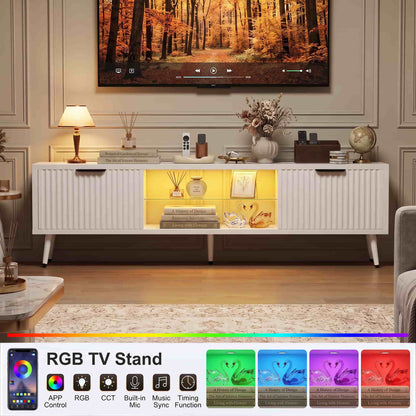 Fluted 55'' TV Stand for TVs Up to 60'', with Charging Station, LED Lights & Cabinets