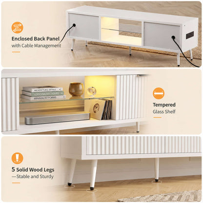 Fluted 55'' TV Stand for TVs Up to 60'', with Charging Station, LED Lights & Cabinets