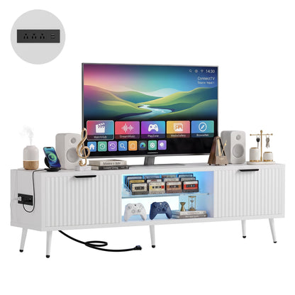 Fluted 55'' TV Stand for TVs Up to 60'', with Charging Station, LED Lights & Cabinets
