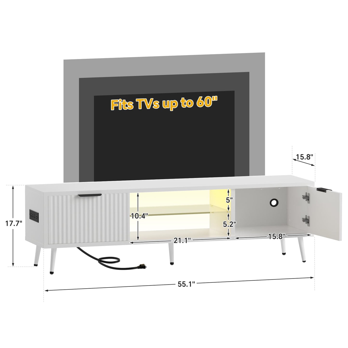 Fluted 55'' TV Stand for TVs Up to 60'', with Charging Station, LED Lights & Cabinets