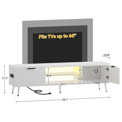 Fluted 55'' TV Stand for TVs Up to 60'', with Charging Station, LED Lights & Cabinets