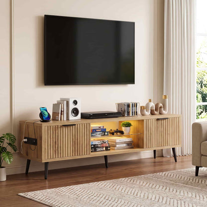 Fluted 55'' TV Stand for TVs Up to 60'', with Charging Station, LED Lights & Cabinets