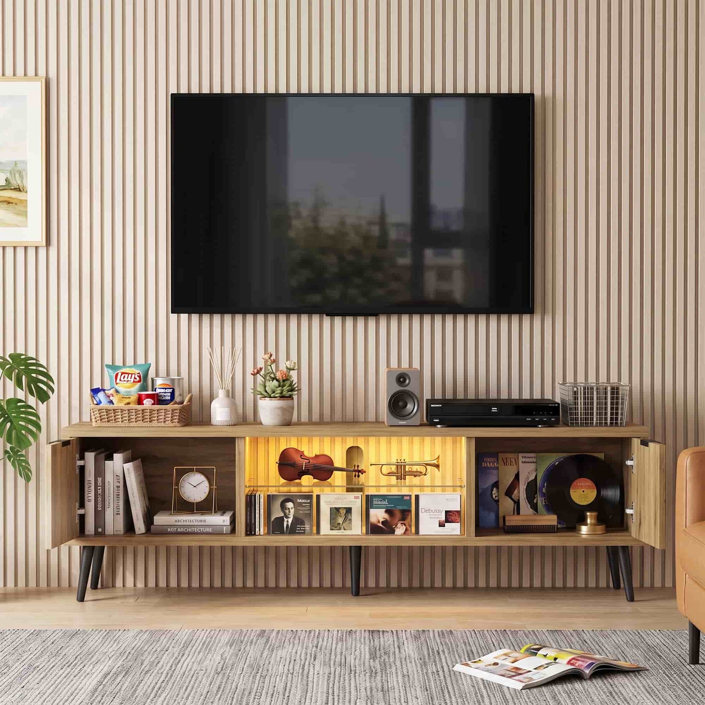 Fluted 55'' TV Stand for TVs Up to 60'', with Charging Station, LED Lights & Cabinets