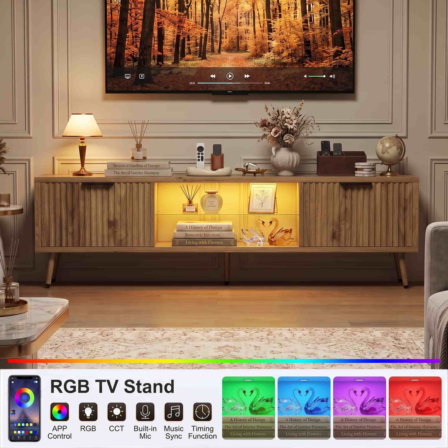 Fluted 55'' TV Stand for TVs Up to 60'', with Charging Station, LED Lights & Cabinets
