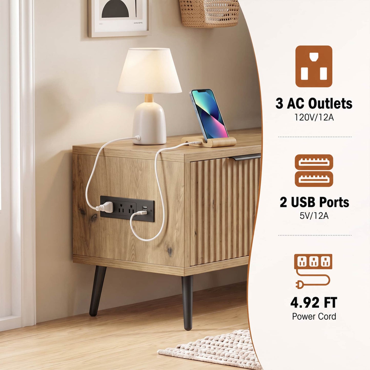 Fluted 55'' TV Stand for TVs Up to 60'', with Charging Station, LED Lights & Cabinets