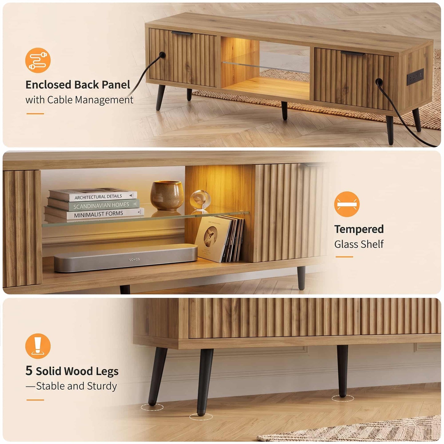 Fluted 55'' TV Stand for TVs Up to 60'', with Charging Station, LED Lights & Cabinets
