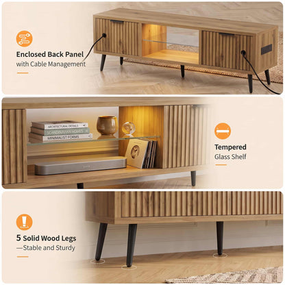 Fluted 55'' TV Stand for TVs Up to 60'', with Charging Station, LED Lights & Cabinets