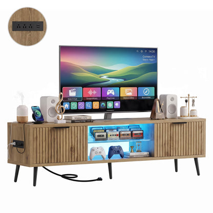 Fluted 55'' TV Stand for TVs Up to 60'', with Charging Station, LED Lights & Cabinets
