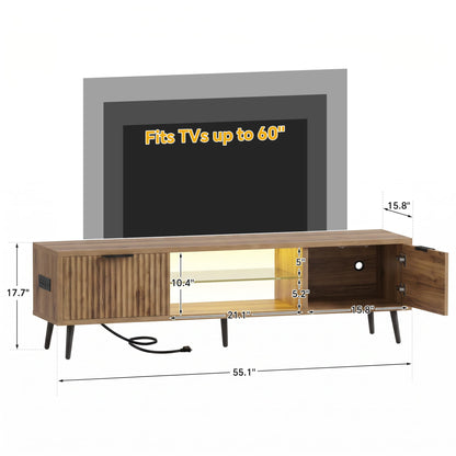 Fluted 55'' TV Stand for TVs Up to 60'', with Charging Station, LED Lights & Cabinets