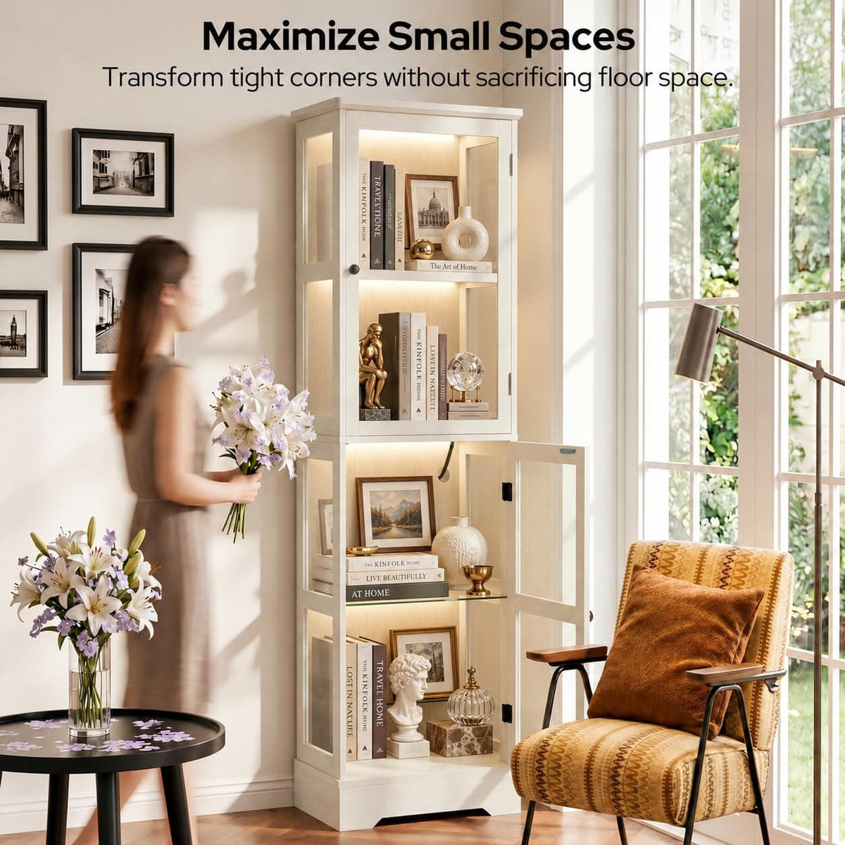 LED Bookcase with Glass Doors, Tall Display Bookshelf with RGB Lighting, Small Glass Door Cabinet for Books