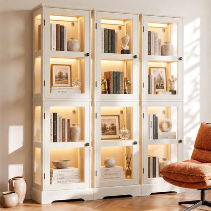 LED Bookcase with Glass Doors, Tall Display Bookshelf with RGB Lighting, Small Glass Door Cabinet for Books
