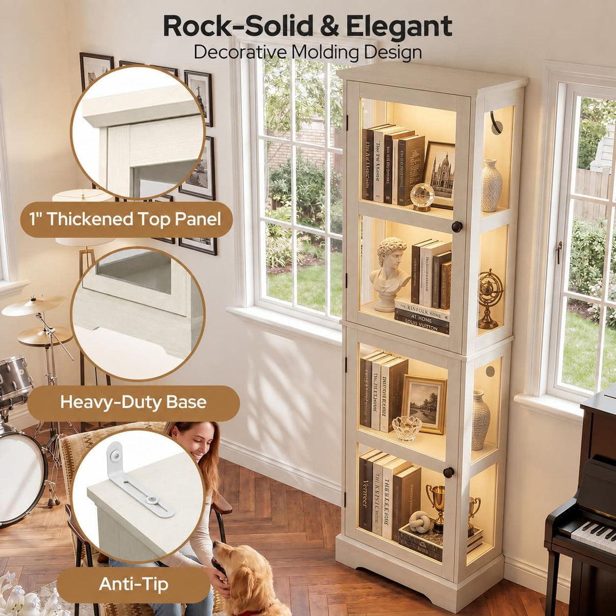 LED Bookcase with Glass Doors, Tall Display Bookshelf with RGB Lighting, Small Glass Door Cabinet for Books