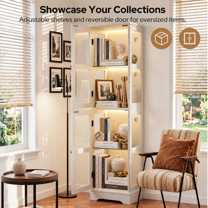 LED Bookcase with Glass Doors, Tall Display Bookshelf with RGB Lighting, Small Glass Door Cabinet for Books