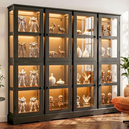 4-Pack Homieasy LED Bookcase with Glass Doors, Tall Display Bookshelf with RGB Lighting, Small Glass Door Cabinet