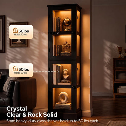 LED Bookcase with Glass Doors, Tall Display Bookshelf with RGB Lighting, Small Glass Door Cabinet for Books