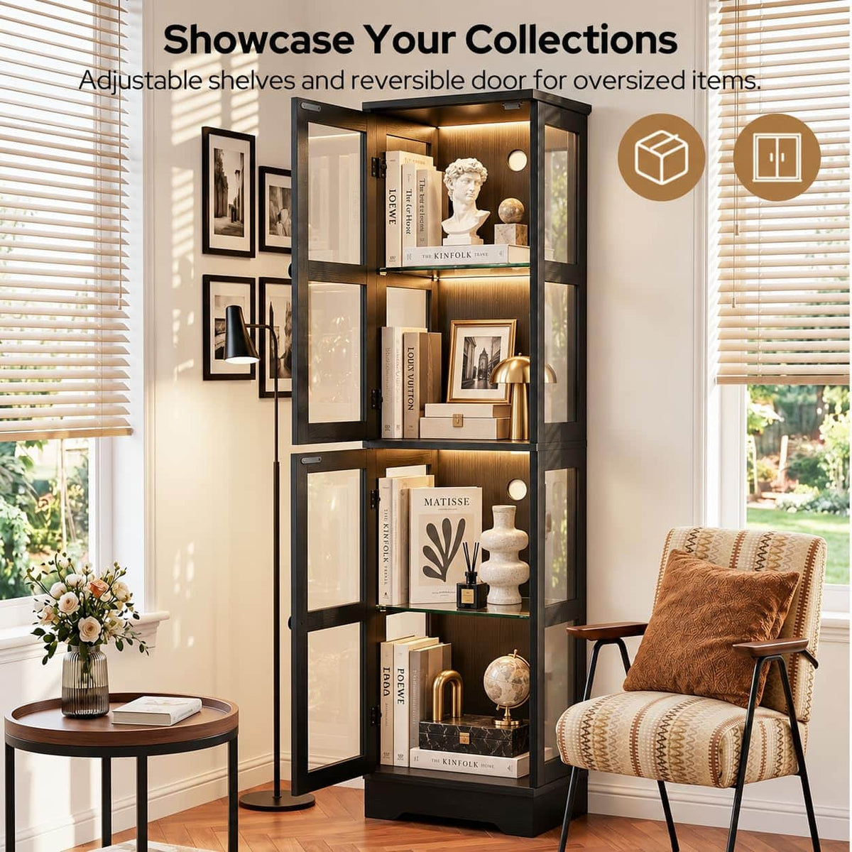 LED Bookcase with Glass Doors, Tall Display Bookshelf with RGB Lighting, Small Glass Door Cabinet for Books