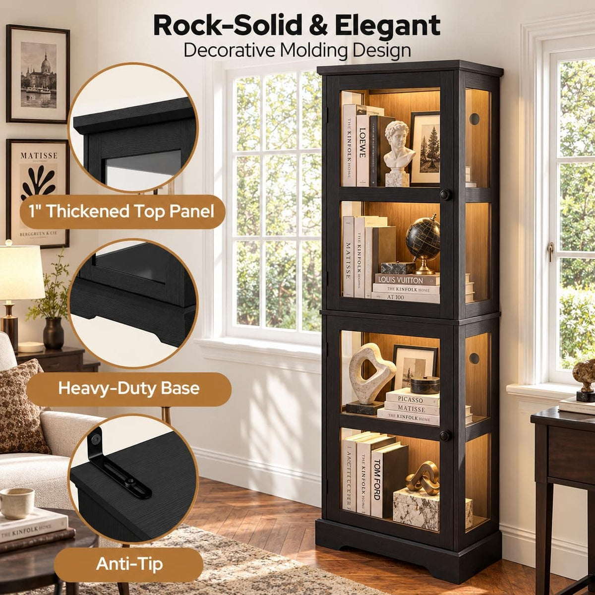 2-Pack Homieasy LED Bookcase with Glass Doors, Tall Display Bookshelf with RGB Lighting, Small Glass Door Cabinet