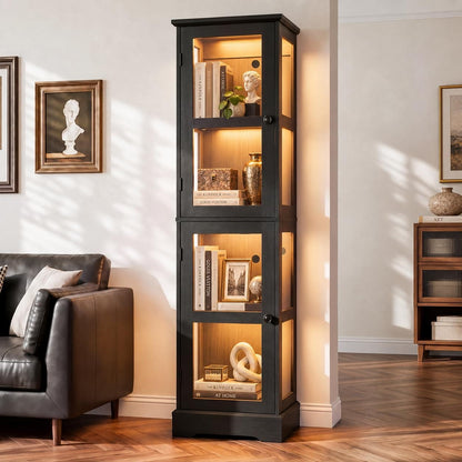 LED Bookcase with Glass Doors, Tall Display Bookshelf with RGB Lighting, Small Glass Door Cabinet for Books