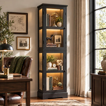 LED Bookcase with Glass Doors, Tall Display Bookshelf with RGB Lighting, Small Glass Door Cabinet for Books