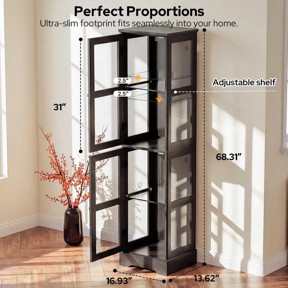 LED Bookcase with Glass Doors, Tall Display Bookshelf with RGB Lighting, Small Glass Door Cabinet for Books