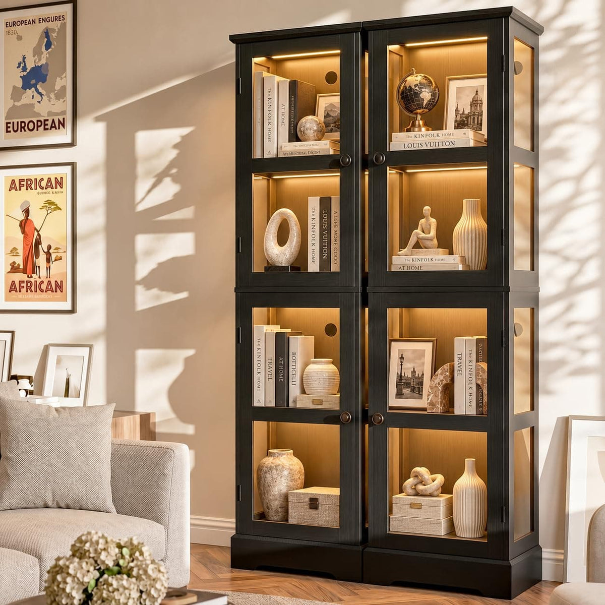 LED Bookcase with Glass Doors, Tall Display Bookshelf with RGB Lighting, Small Glass Door Cabinet for Books