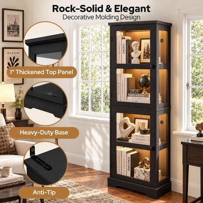 LED Bookcase with Glass Doors, Tall Display Bookshelf with RGB Lighting, Small Glass Door Cabinet for Books
