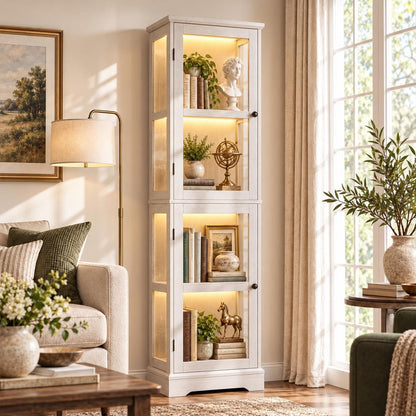 4-Pack Homieasy LED Bookcase with Glass Doors, Tall Display Bookshelf with RGB Lighting, Small Glass Door Cabinet