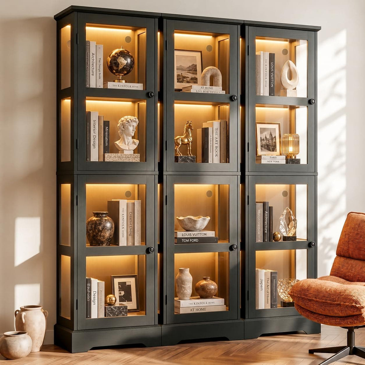 LED Bookcase with Glass Doors, Tall Display Bookshelf with RGB Lighting, Small Glass Door Cabinet for Books