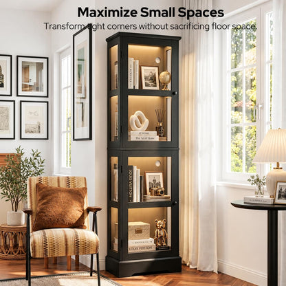 LED Bookcase with Glass Doors, Tall Display Bookshelf with RGB Lighting, Small Glass Door Cabinet for Books