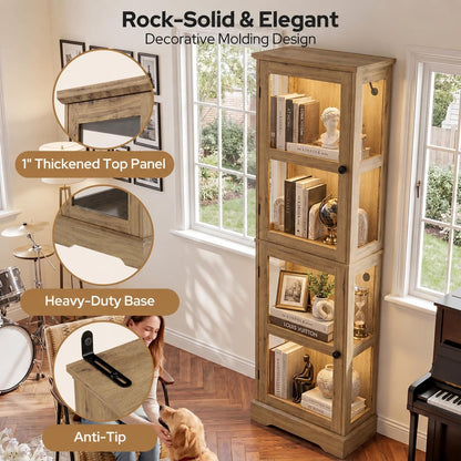 LED Bookcase with Glass Doors, Tall Display Bookshelf with RGB Lighting, Small Glass Door Cabinet for Books