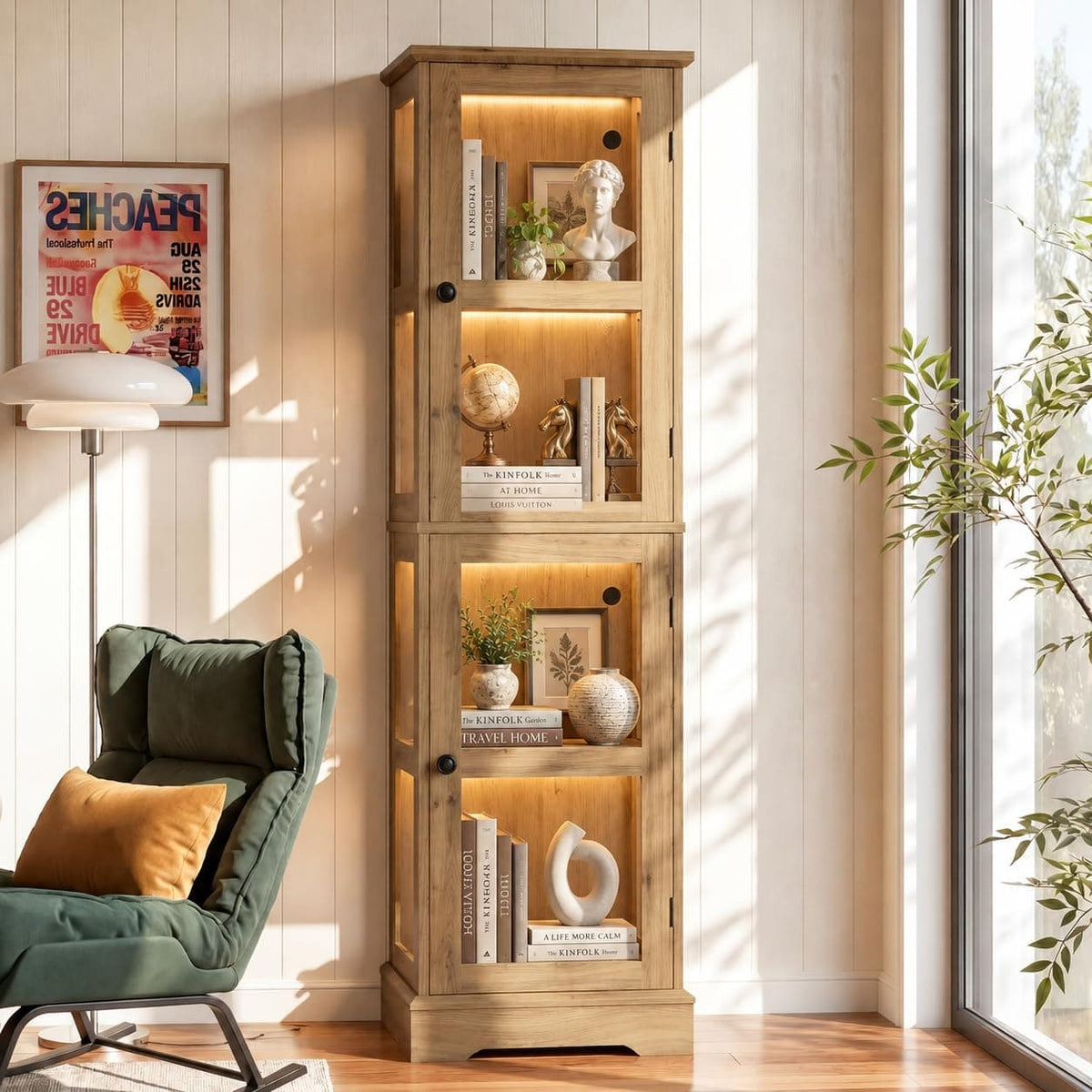 LED Bookcase with Glass Doors, Tall Display Bookshelf with RGB Lighting, Small Glass Door Cabinet for Books